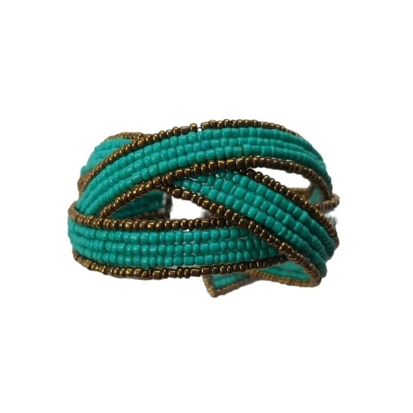 Multistrand Beaded Intertwined  Bracelet, Gold/Teal - Picture 2 of 5